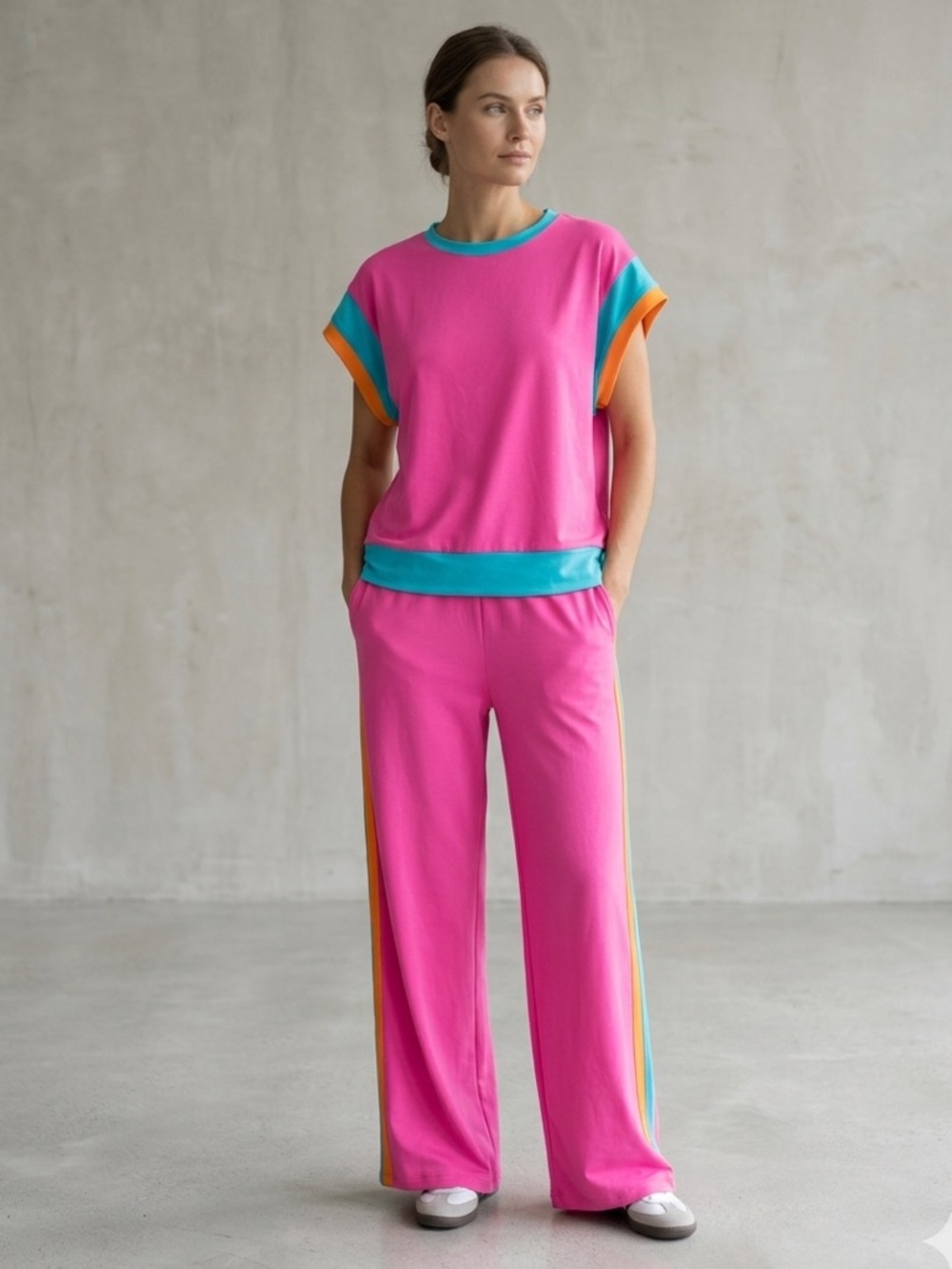 Vintage 80s Retro Colorblock Tracksuit Set Neon Pink Teal Orange Lounge Set